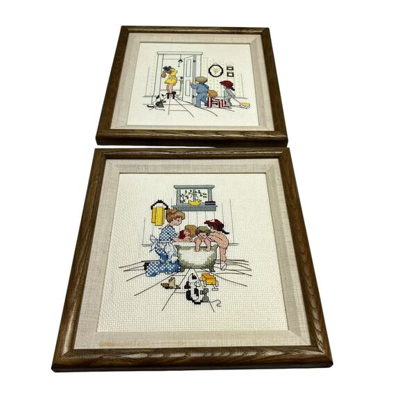 Vintage Framed Needlepoint Cross Stitch Crewel Kids In Bathroom Set of 2 11"x12" - Picture 3 of 11